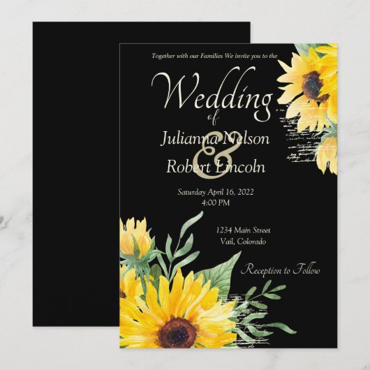 Tournesols aquarelle sur invitation de mariage noi (Devant / Derrière)