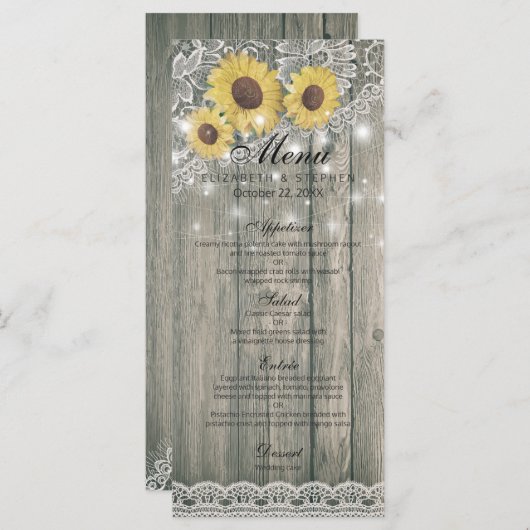 Tournesols en bois rustique Élégant menu Mariage d (Devant / Derrière)