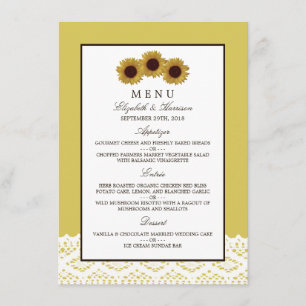 Tournesols et dentelle Vintage Menu Mariage