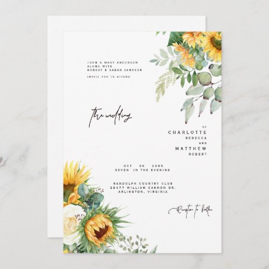 Tournesols Modernes En Fleur De Verdure Invitation (Devant / Derrière)