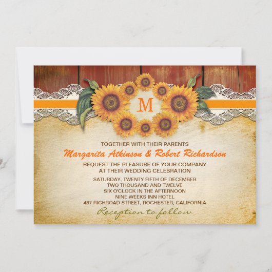 Tournesols Rustique mariage en bois Invitations (Devant)