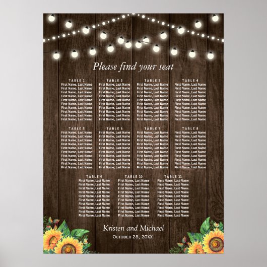 Tournesols rustiques 11 Tables Tableau Mariage (Devant)