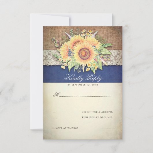 Tournesols rustiques Burlap Marine Wedding RSVP (Devant)