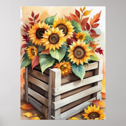Tournesols rustiques en Crate Poster mural d'autom (Devant)