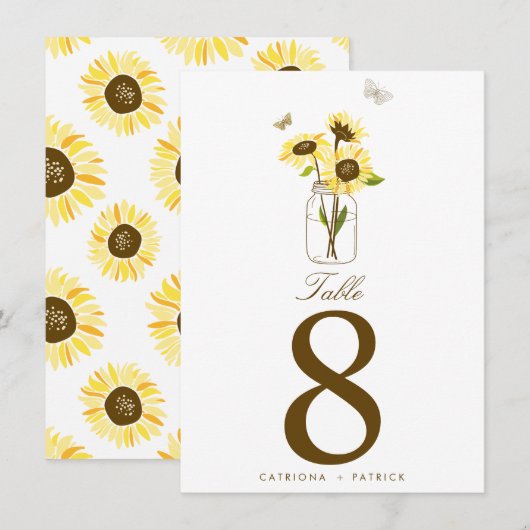 Tournesols rustiques sur numéros de table en bocau (Devant / Derrière)