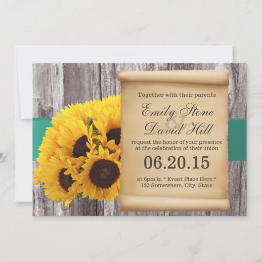 Tournesols rustiques Turquoise Ceinture Invitation (Devant)