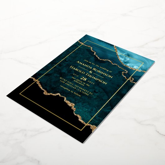Tourquoise et or Agate Mariage Foil Invitation (Rotation)