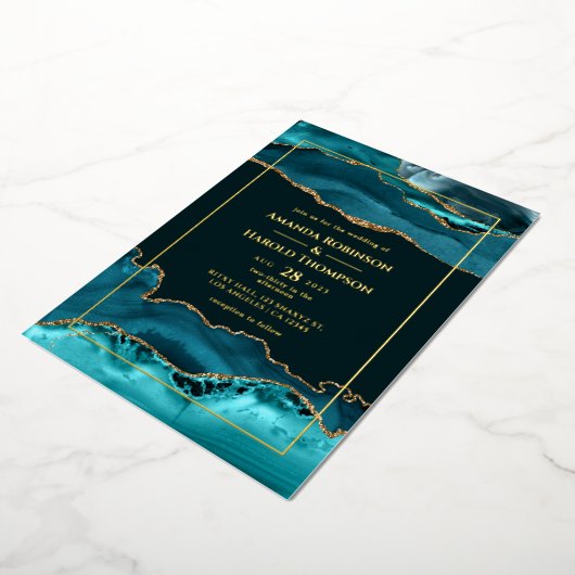 Tourquoise et or Agate Mariage Foil Invitation (Rotation)