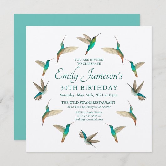 Tourquoise Hummingbirds Invitation d'anniversaire (Devant / Derrière)