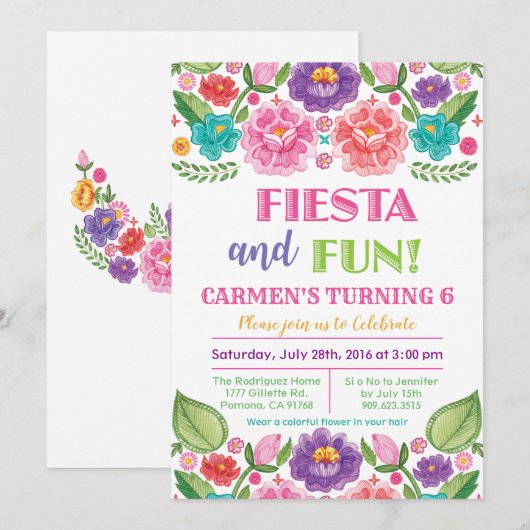 TOUS ÂGES - Invitation d'anniversaire Fiesta Flora (Devant / Derrière)