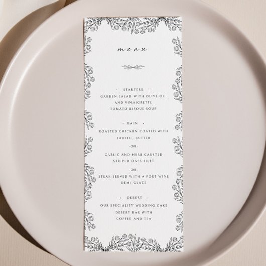 Tous Floral Noir & Blanc Mariage Diner Menu