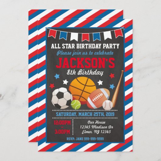 Tous les sports Star Invitation d'anniversaire pou (Devant / Derrière)