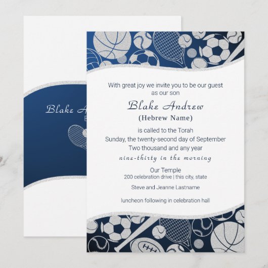 Tous Sports Bar Mitzvah Silver Blue Invitation 2 (Devant / Derrière)
