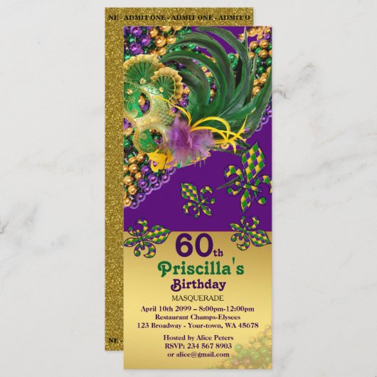 tout âge, 60 ans, Invitation Billet d'anniversaire (Devant / Derrière)