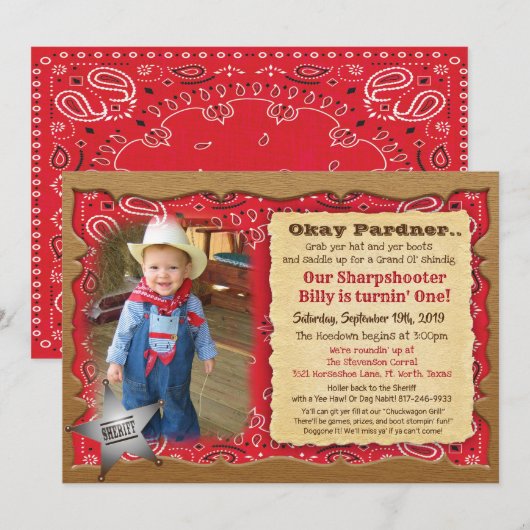 TOUT ÂGE - Photo Cowboy Invitation Anniversaire (Devant / Derrière)