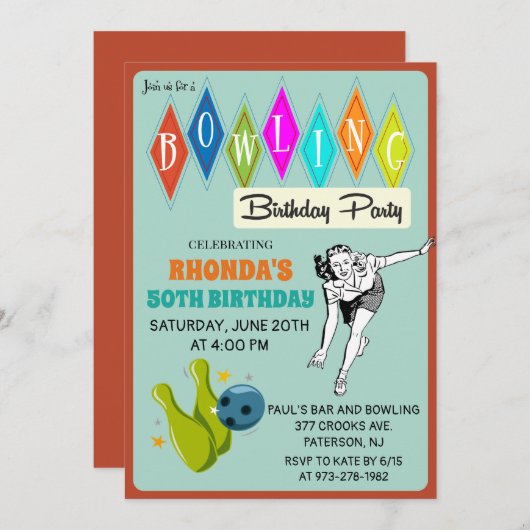 TOUT ÂGE - Retro Bowling Anniversaire Invitation (Devant / Derrière)