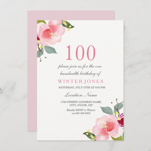 Tout âge rose floral 100e anniversaire Invitation (Devant / Derrière)