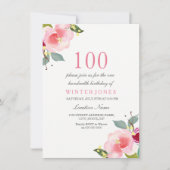 Tout âge rose floral 100e anniversaire Invitation (Devant)