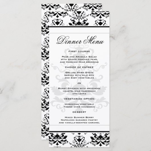 Tout blanc avec noir Damask Slim Dinner Menu (Devant / Derrière)
