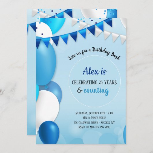 Tout en bleu Invitation d'anniversaire (Devant / Derrière)