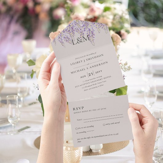 Tout En Un 3in1 Wisteria Sand Floral Wedding Invitation RSVP