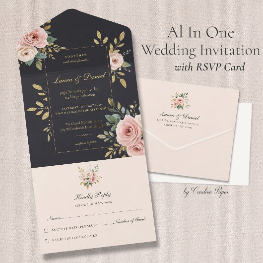 Tout En Un Blush Pink & Black All-In-One Wedding Invitation