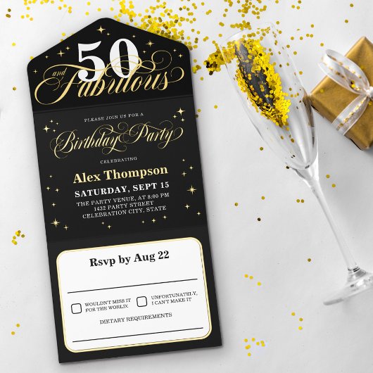 Tout En Un Invitation 50 & Fabuleux Glamour Gold Birthday Party