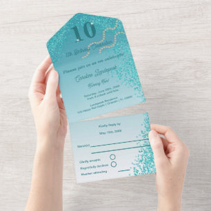 Tout En Un Invitation Anniversaire 10 Ans Bleu Turquoise Pail