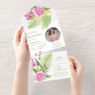 Tout En Un Invitation Aquarelle Floral Peonies roses Photo Quinceañera