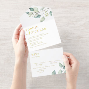 Tout En Un Invitation Aquarelle Sage Vert Eucalyptus Feuille Mariage