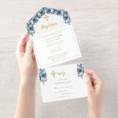 Tout En Un Invitation Baptême de garçon floral aquarelle bleue (Détachable)