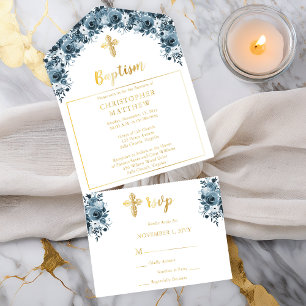 Tout En Un Invitation Baptême de garçon floral aquarelle bleue