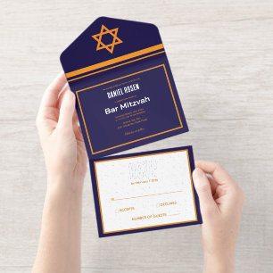 Tout En Un Invitation Barre d'huile d'argent bleu et orange Mitzvah