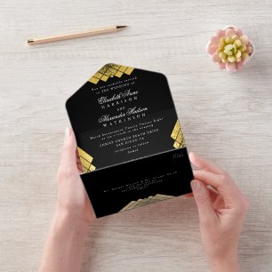 Tout En Un Invitation Black Blanc Vintage or Gatsby Mariage
