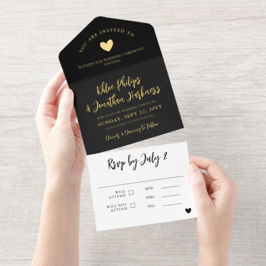 Tout En Un Invitation Black Gold Heart Brush Script Informal Wedding (Détachable)