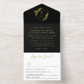Tout En Un Invitation Black Gold Leaf Adorned Shield Monogram Wedding (Intérieur)
