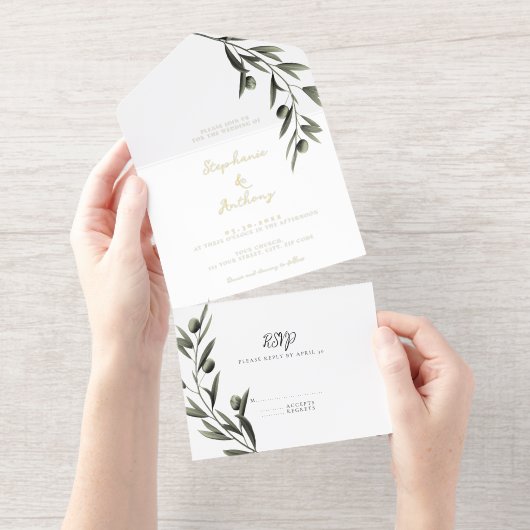 Tout En Un Invitation Botanique Olive Branch Feuille Mariage italien (Détachable)