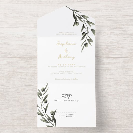 Tout En Un Invitation Botanique Olive Branch Feuille Mariage italien (Intérieur)