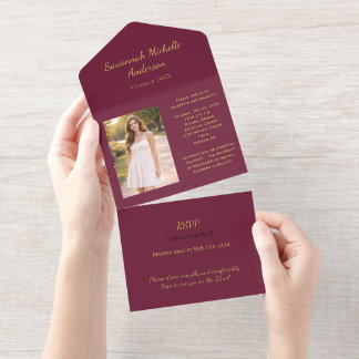 Tout En Un Invitation Burgundy Gold Foil Photo Graduation All In One