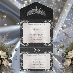 Tout En Un Invitation Cadre de Quinceanera Tiara & feuille de papier mét