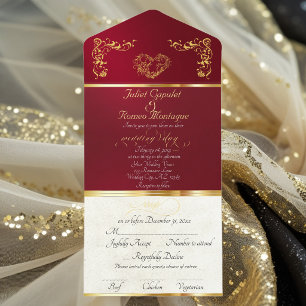 Tout En Un Invitation Cadre Orné de Feuille et Cœur - Rouge