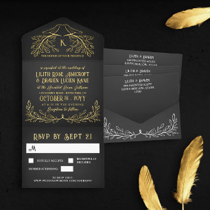 Tout En Un Invitation Charcharbon et doré Corbeau Monogramme Mariage Got