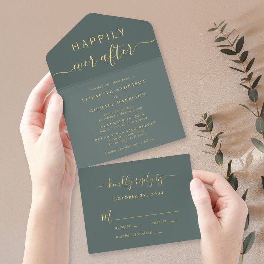 Tout En Un Invitation Chic Heureux Jamais Après Sage Mariage Vert
