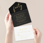 Tout En Un Invitation Chic Script Black 40th Birthday Party<br><div class="desc">Élégante invitation tout-en-un de fête noire de 40ème anniversaire avec "quarante" dans un script chic, votre nom et "RSVP" dans la typographie serif classique et les détails de la fête en lettres simples et modernes, le tout rendu dans votre choix d'or, argent ou feuille d'or rose. Une carte postale RSVP...</div>
