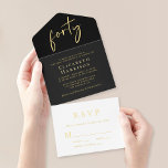 Tout En Un Invitation Chic Script Black 40th Birthday Party<br><div class="desc">Élégante invitation tout-en-un à la fête noire de 40ème anniversaire qui présente "quarante" présenté dans un script chic, votre nom et "RSVP" dans la typographie serif classique et les détails de la fête en lettres simples et modernes, le tout rendu dans votre choix d'or authentique, argent ou feuille d'or rose....</div>