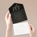 Tout En Un Invitation Chic Script Black 50th Birthday Party<br><div class="desc">Élégante invitation tout-en-un pour la soirée du 50e anniversaire noir qui présente "cinquante" présenté dans un script chic, votre nom et "RSVP" dans la typographie serif classique et les détails de la fête en lettres simples et modernes, le tout rendu dans votre choix d'or authentique, argent ou feuille d'or rose....</div>