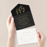 Tout En Un Invitation Chic Script Black 50th Birthday Party<br><div class="desc">Élégante soirée noire 50ème anniversaire invitation tout-en-un avec "cinquante" dans un grand script chic, votre nom et "RSVP" dans la typographie serif classique et les détails de la fête en lettres simples et modernes, le tout rendu dans votre choix d'or, argent ou feuille d'or rose. Une carte postale RSVP à...</div>