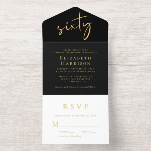 Tout En Un Invitation Chic Script Black 60th Birthday Party (Intérieur)