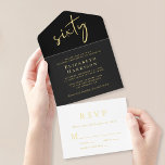 Tout En Un Invitation Chic Script Black 60th Birthday Party<br><div class="desc">Soirée de 60ème anniversaire élégante et chic, le tout dans une invitation avec "soixante" dans un grand script, votre nom et "RSVP" dans la typographie serif classique et les détails de la fête dans le lettrage simple et moderne, le tout rendu dans votre choix d'or, argent ou feuille d'or rose....</div>