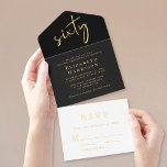 Tout En Un Invitation Chic Script Black 60th Birthday Party<br><div class="desc">Soirée de 60ème anniversaire noir élégante, le tout dans une invitation avec "soixante" dans un script chic, votre nom et "RSVP" dans la typographie serif classique et les détails de la fête en lettres simples, le tout rendu dans votre choix d'or véritable, argent ou feuille d'or rose. Une carte postale...</div>